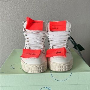 Off-White White and Red High-Top Sneakers